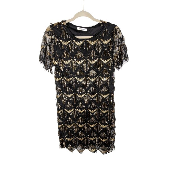 VVM Curve Sequin Fringe Mini Dress Women's Sz S Black Gold Cocktail Holiday - Picture 1 of 14